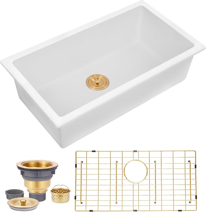 Kitsitchen White Undermount Kitchen Sink, Granite Composite Kitchen Sink with Drain Assembly & Bottom Gird, 30 Inch Quartz Stone Kitchen Sink (White, 30"x18")