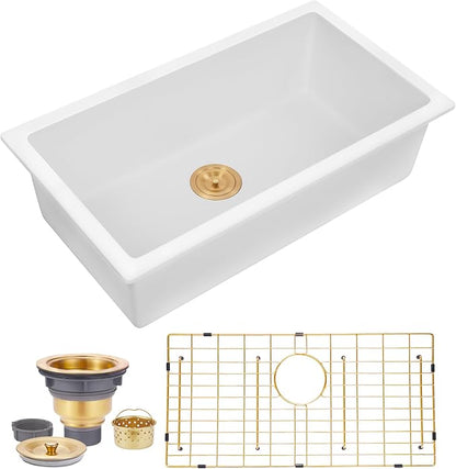 Kitsitchen White Undermount Kitchen Sink, Granite Composite Kitchen Sink with Drain Assembly & Bottom Gird, 30 Inch Quartz Stone Kitchen Sink (White, 30"x18")