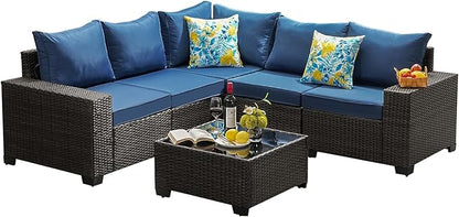JOYURE 6 Pieces Patio Furniture Set All-Weather Outdoor Wicker Sectional Conversation Sofa Rattan Patio Seating Sofa with Cushion and Glass Table for Porch Poolside,Navy