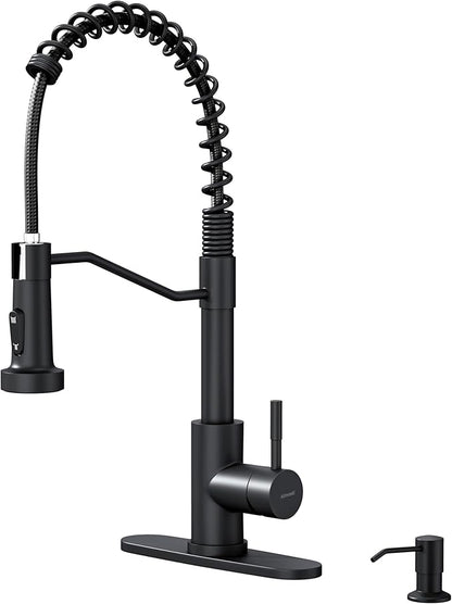 AIMADI Black Kitchen Faucet with Soap Dispenser and Pull Down Sprayer, Matte Black Commercial Spring Single Handle Stainless Steel Sink Faucet for Farmhouse Camper Laundry Rv Bar