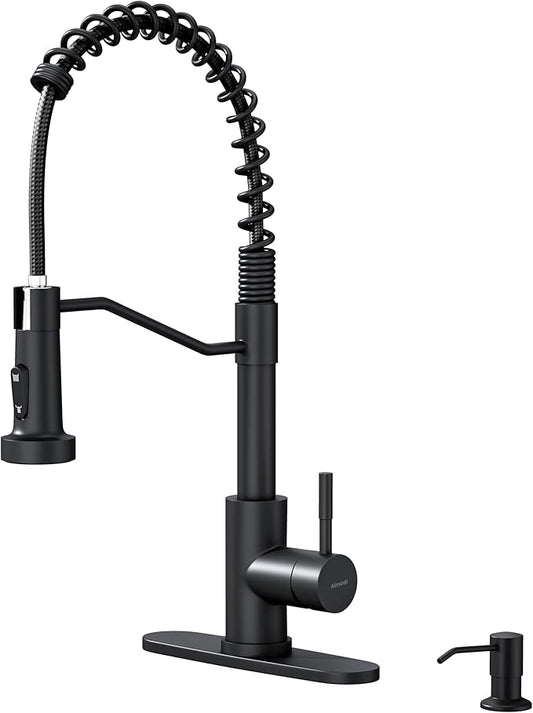 AIMADI Black Kitchen Faucet with Soap Dispenser and Pull Down Sprayer, Matte Black Commercial Spring Single Handle Stainless Steel Sink Faucet for Farmhouse Camper Laundry Rv Bar
