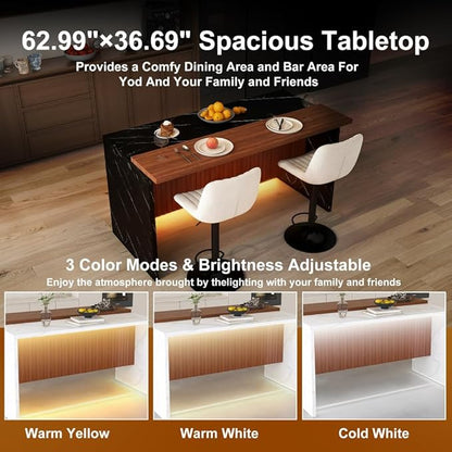 63 Inch Kitchen Island with 4 Deep Brown Bar Stools – White Marble Countertop, Integrated LED Lighting & Grille Design, Multi-Functional Breakfast Bar for Dining Rooms, (Black+2beige)