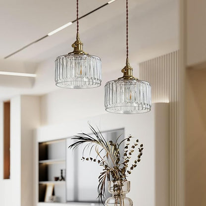 Glass Hanging Lights One-Light Vintage Pendant Light Fixtures Clear Striped Glass Shade Mid Century Modern Pendant Light Gold Brass Light Fixture Adjustable Cord for Dining Room Hallway