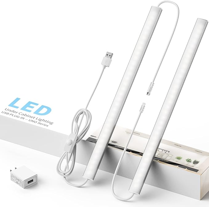 ASOKO HOME Dimmable Wired Under Cabinet Lighting - 2 Pack of 12-Inch Cold White 6000K Linkable USB LED Lights for Kitchen, Desk, Sink, and Workbench
