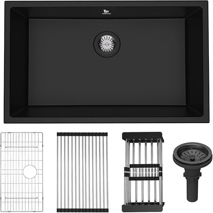 30-inch Granite Composite Kitchen Sink, GABETLET Undermount Quartz Kitchen Sinks with Spacious Workspace and Easy Cleaning, Black Single Bowl Deep Sink with Complete Accessories