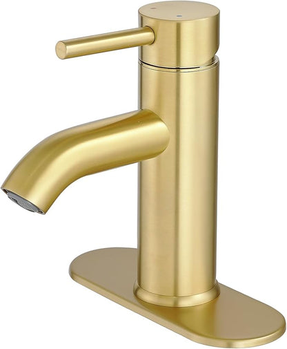 Brushed Gold Bathroom Faucets, Modern Single Hole Lavatory Vanity Faucet, Single Handle Bathroom Sink,Faucet, Faucet for Bathroom Sink with Deck Plate and Supply Hoses