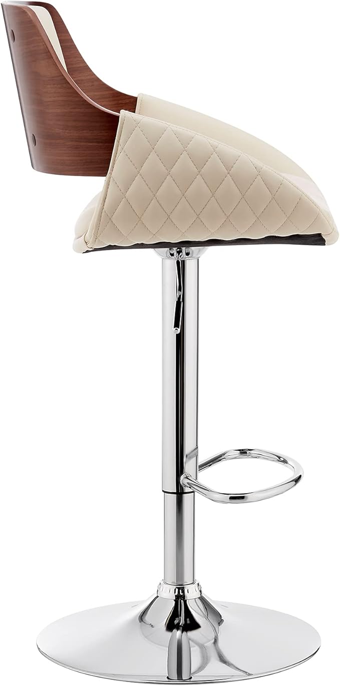 Armen Living Colby Modern Adjustable Height Swivel Cream Faux Leather and Walnut Wood Bar Stool with Chrome Base for Kitchen Island Counter