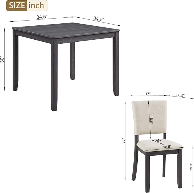 5-Piece Modern Wooden Dining Table Set for 4, Dining Table Set for 4 People with Upholstered Chairs, Square Kitchen Table and Chairs Set for Dining Room and Kitchen, Antique Black + Beige