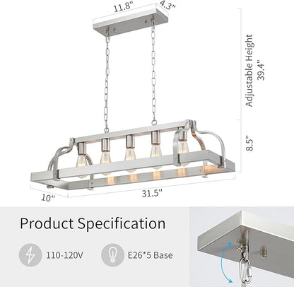 WUZUPS 5-Light Metal Pot Hanging Rack Chandelier Linear Pendant Ceiling Lighting Rustic Farmhouse Fixture Kitchen Island Dining Room, H 9.8" L 34.6" W11.8, E26 Base, Brushed Nickel
