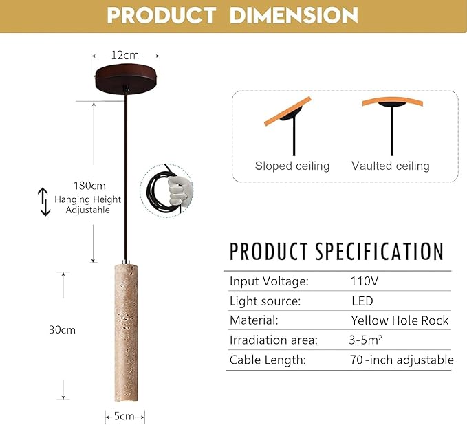Japanese Wabi sabi Pendant Light with Natural Stone Shade, Dimmable Modern Wood Hanging Lamp Fixture, Adjustable Height Pendant Lamp for Bedroom, Kitchen Island, Dining Room, Restaurant, Cafe, Bar (G)