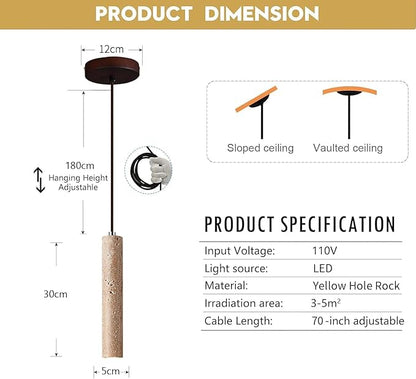 Japanese Wabi sabi Pendant Light with Natural Stone Shade, Dimmable Modern Wood Hanging Lamp Fixture, Adjustable Height Pendant Lamp for Bedroom, Kitchen Island, Dining Room, Restaurant, Cafe, Bar (G)