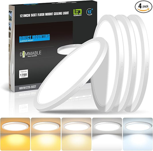 mw 4 Pack 12 Inch LED Flush Mount Ceiling Light Fixture, Flush Mount Ceiling Lights, 2700K/3000K/3500K/4000K/5000K, 25W, 120V, Dimmable Slim LED Ceiling Light for Bedroom Hallway Kitchen