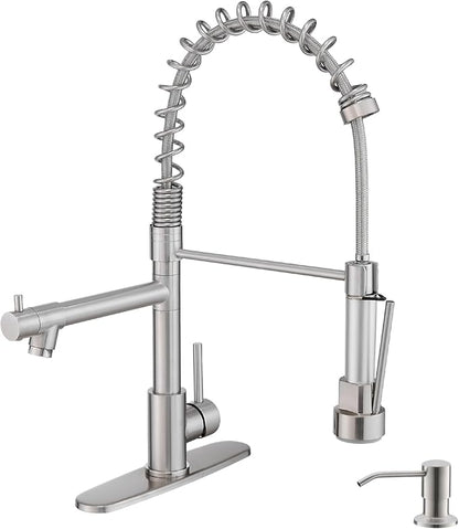 AIMADI Kitchen Faucet with Pull Down Sprayer,Stainless Steel Sink Faucet with Soap Dispenser Deck Plate, Spring Single Handle Modern Utility Faucets for Farmhouse Laundry Camper RV Bar,1 or 3 Hole