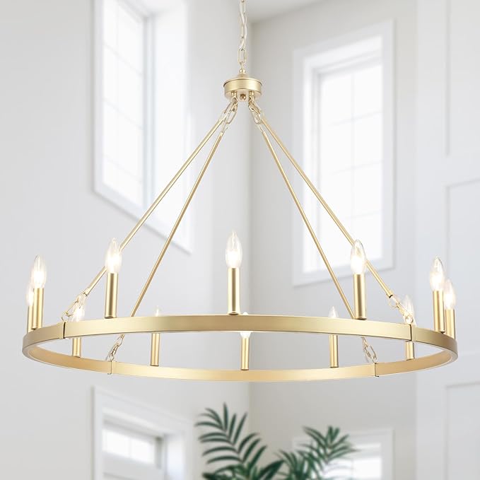 Gold Wagon Wheel Chandelier for Dining Room Light Fixture 12Light Gold Chandelier for Foyer 38inch 27-86" Height Adjustable Pendant Light for Flat Sloped Ceilings Dining Room Kitchen Island Entryway
