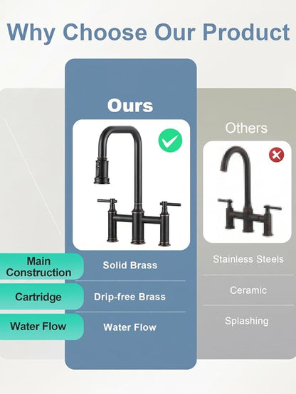 Bridge Faucet for Kitchen Sink Bronze: 3 Hole Solid Brass Farmhouse Kitchen Faucet with Pull Down Sprayer, 2 Handle 8 Inch Centerset High Arched Faucet with 360° Swivel Spout, Oil Rubbed Bronze