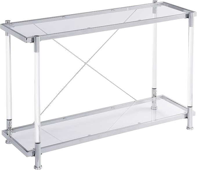 Silver Console Table with Chrome Metal Frame, 2-Tier Rectangular Clear Glass Acrylic Console Table with Storage Shelf, Narrow Hallway Tables Modern Entryway Tables for Living Room