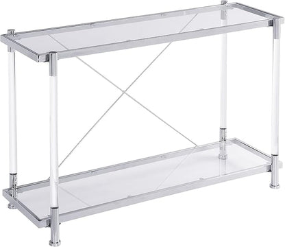 Silver Console Table with Chrome Metal Frame, 2-Tier Rectangular Clear Glass Acrylic Console Table with Storage Shelf, Narrow Hallway Tables Modern Entryway Tables for Living Room