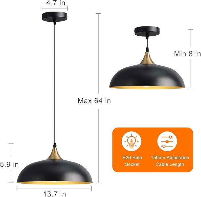 Eustace Vintage Matte Black Large Pendant Light with Gold Finish,Adjustable Modern Hanging Lighting,Farmhouse Metal Ceiling Fixtures for Kitchen Island Dining Room Hallway and Restaurant