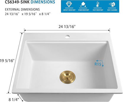 White Drop in Kitchen Sink 25 Inch - Undermount Granite Quartz Composite Workstation Sink - Deep Single Bowl,Dual Mount,with Accessories (White, 24.81" X 19.29")