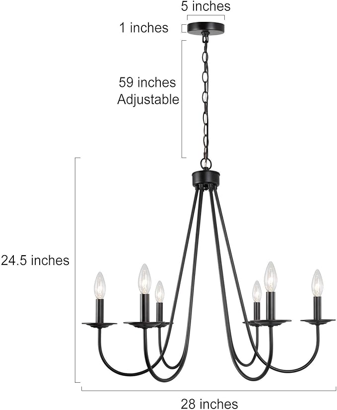KSANA Chandeliers for Living Room, 6 Light Chandeliers with Candlestick Matte Black Chandelier Hanging Light Fixtures for Kitchen, Dining Room, Bedroom