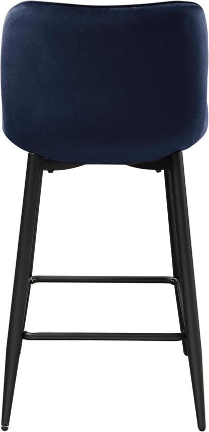 Lexicon Counter Stools Set of 2 - Counter Height Stools for Kitchen Table, Solid Padded Back, Black Metal Finish and Blue Velvet Cushion Seat, 24''SH