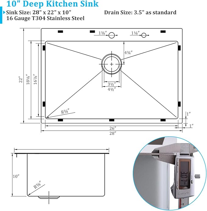 28 Inch Drop In Kitchen Sink Single Bowl, 28x22 Topmount 16 Gauge Stainless Steel Kitchen Sink Brushed Nickel Deep Basin 28x22x10