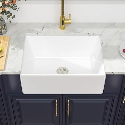 28 White Farmhouse Kitchen Sink - Kichae 28 Inch Farmhouse Kitchen Sink Apron Front White Fireclay Ceramic Porcelain Single Bowl Basin
