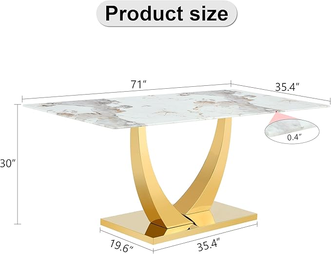 Faux Marble Dining Table, 71" Dining Room Table with Rectangular Tempered Glass Top for 6-8, Modern Kitchen Table with Golden U-Shaped Base, Contemporary Kitchen Dining Room Furniture