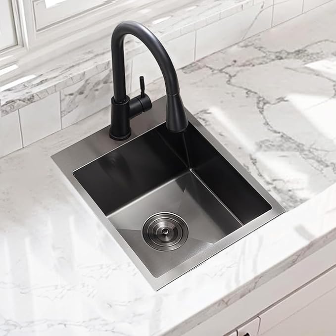 15 Gunmetal Black Bar Sink, Drop in 16 Gauge Stainless Steel 13x15x9 Wet Bar Prep RV Outdoor Small Kitchen Sink Top mount Single Bowl with Bottom Grid & Drain