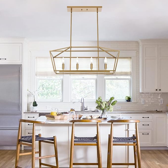 Pendant Lighting Farmhouse Chandelier, 4-Light Gold Dining Room Lighting Fixtures Hanging, Modern Light Fixture for Living Room Dining Room Kitchen Island Foyer