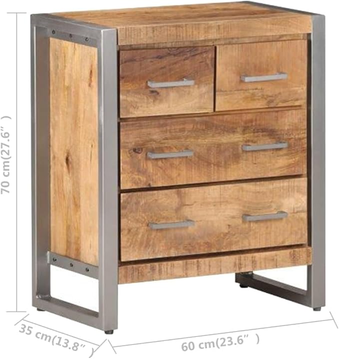 Industrial Sideboard, Rough Mango Wood, Iron Frame, 23.6" Long, 4-Drawer Storage Cabinet for Living Room, Natural Brown Kitchen Furniture
