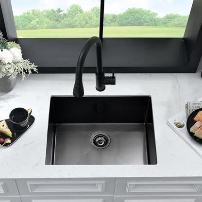 Black Undermount Laundry Sink -HLBLFY 24x18x12 Inch Black Stainless Steel Laundry Room Sink Undermount Utility Sink 16 Gauge Single Bowl Deep Kitchen Sink with Roll Up Rack