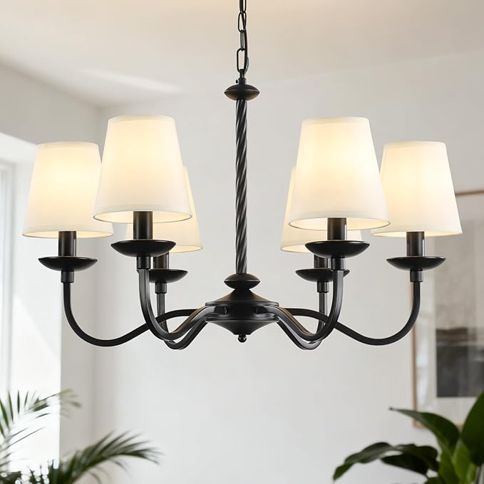 6-Light Black Farmhouse Chandelier, Modern Dining Room Light Fixture with White Fabric Shade，Kitchen Island Pendant Light Fixture for Bedroom Living Room