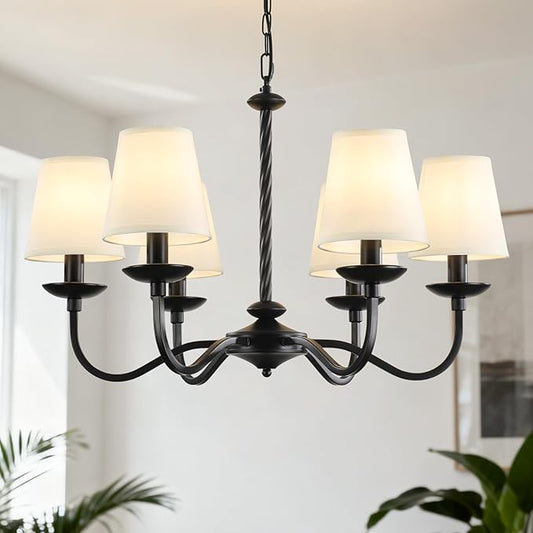 6-Light Black Farmhouse Chandelier, Modern Dining Room Light Fixture with White Fabric Shade，Kitchen Island Pendant Light Fixture for Bedroom Living Room