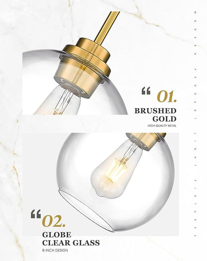 Gold Pendant Lights Kitchen Island, 8" Pendant Light Fixtures with Globe Clear Glass Shade, Modern Kitchen Island Lighting for Bathroom, AD-22280-1PL-GD