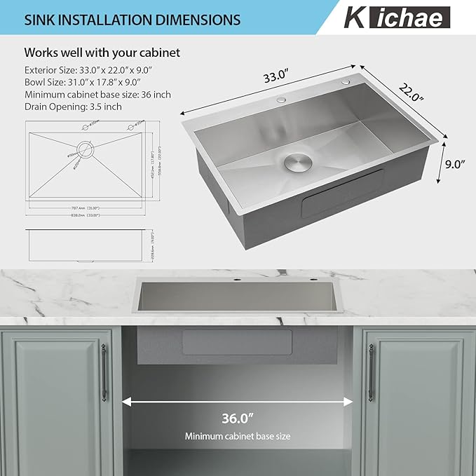 Kichae 33 Drop In Kitchen Sink - 33" x 22" Stainless Steel Sink 16 Gauge Drop in Topmount Single Bowl Drop Sinks Round Corner Basin
