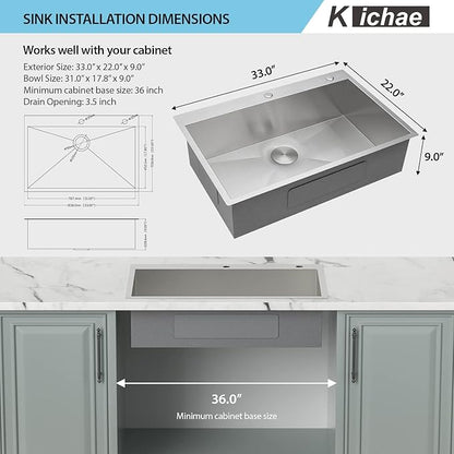 Kichae 33 Drop In Kitchen Sink - 33" x 22" Stainless Steel Sink 16 Gauge Drop in Topmount Single Bowl Drop Sinks Round Corner Basin