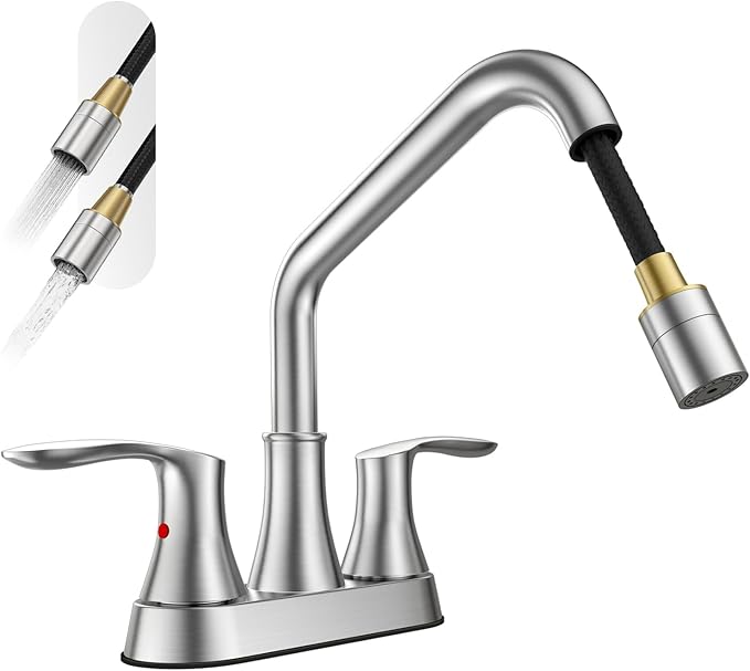 Phiestina Brushed Nickel Utility Sink Faucet 3 Hole, Laundry Sink Faucet with Pull Out Sprayer, Long Spout Dual Handle Modern Bathroom Faucet, 4 Inch CenterSet Room Sink Faucets, LF36CL-2M-BN