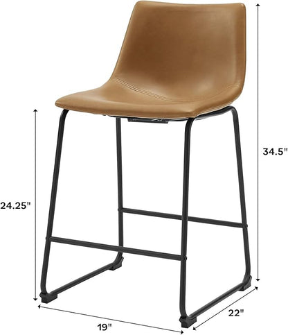 Walker Edison Douglas Urban Industrial Faux Leather Armless Counter Chairs, Set of 2, Whiskey Brown