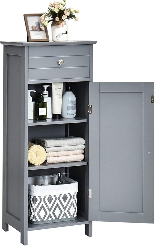 Bathroom Floor Cabinet, Freestanding Side Floor Storage Cabinet, 1 Large Drawer and 2 Adjustable Shelves, Modern Storage Cabinet Bathroom Storage Cabinet for Narrow Space (Grey)