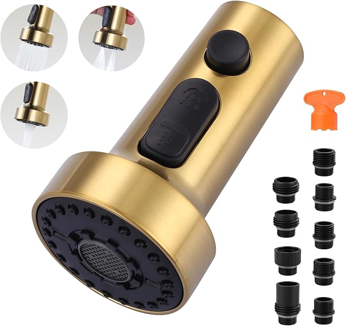 Pull Down Faucet Head Replacement: 3-Function Kitchen Faucet Head with 9 Adapters - Brushed Gold Kitchen Sink Spray Replacement Compatible with Moen, Delta, American Standard Faucets