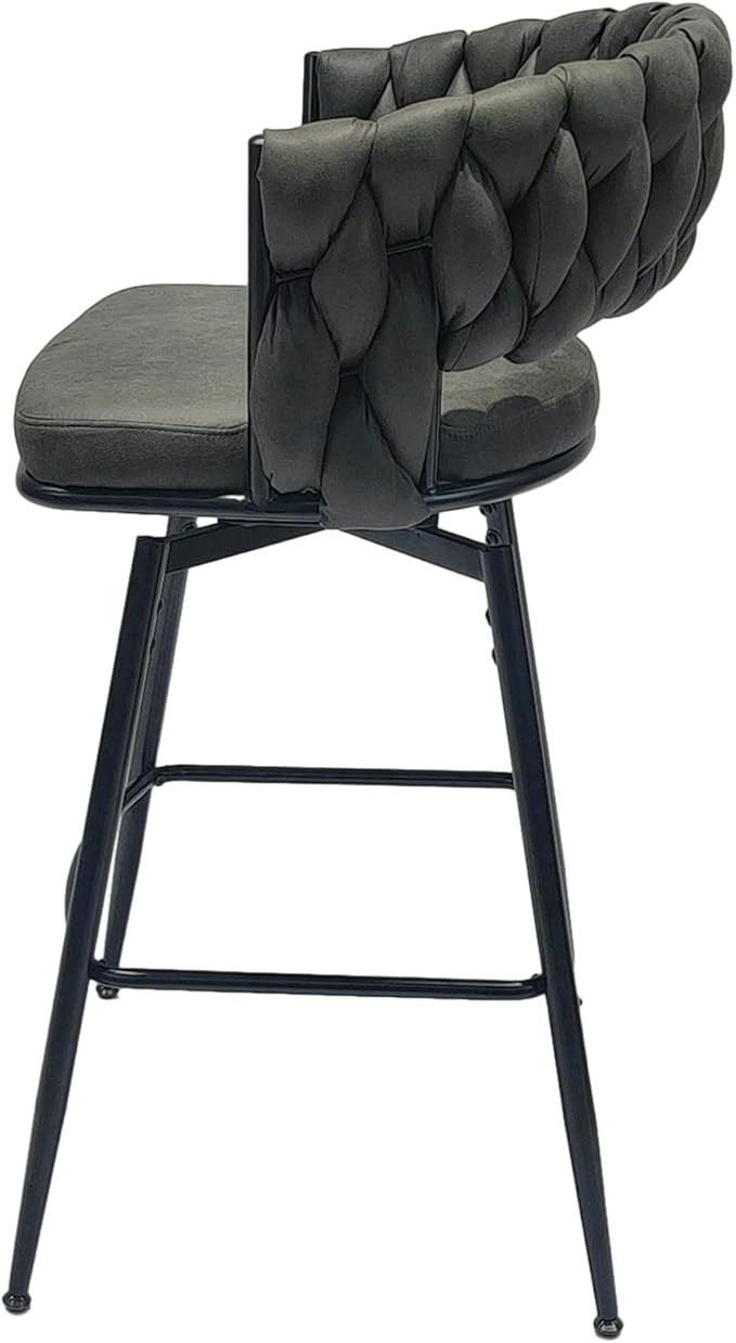 28" Technical Leather Woven Bar Stool Set of 2,Black Legs Bar stools No Adjustable Kitchen Island Chairs,360 Swivel Bar Stools Upholstered Counter Stool Arm Chairs with Back Footrest (Tan)