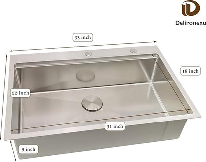 33x22 Drop In Kitchen Sink, Delironexu 33 Inch Kitchen Sink Workstation, 16 Gauge 304 Stainless Steel Top Mount Kitchen Sink Single Bowl with Accessories