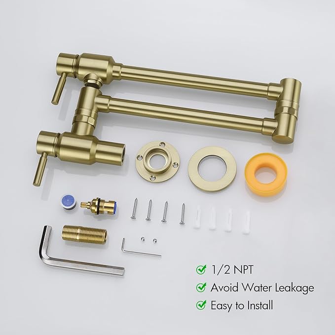 BAGNOLUX Brushed Gold Pot Filler Faucet, Traditional Double Handle Coffee Machine Wall Mount with Spout Reach Double-Jointed Swivel Stove Brass Kitchen Faucet 23.4 Inch, Brushed Light Yellow Gold