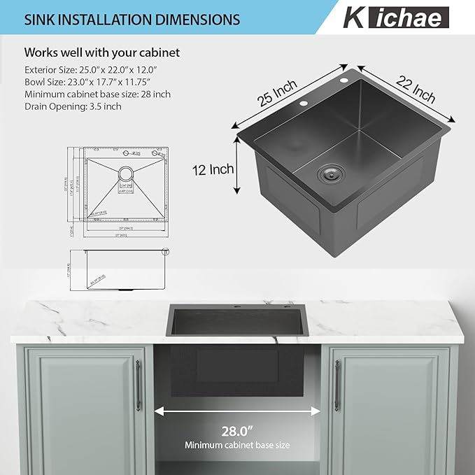 Kichae 25 Inch Black Laundry Sink - 25x22 Kitchen Sink Drop In Utility Sink 12" Deep Sink Topmount Single Bowl Stainless Steel RV Laundry Sinks Handmade with Accessories