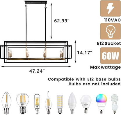 8-Light Kitchen Island Lighting, Black and Gold Rectangle Chandeliers for Dining Room, Metal Farmhouse Dining Room Light Fixtures Over Table, Linear Chandelier with Brushed Brass Socket