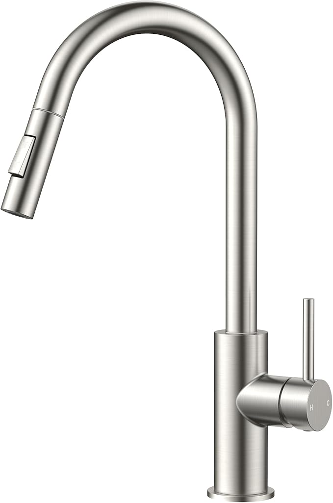 FORIOUS Brushed Nickel Kitchen Faucet with Pull Down Sprayer, Stainless Steel High Arc Gooseneck Modern Sink Faucet with CUPC Ceramic Cartridge, Single Handle and Deck Plate