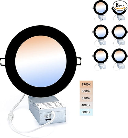 POPANU Premium LED-Canless Recessed Lighting 6-inch Ultra-Thin 5 CCT Adjustable Ceilling Light with Junction Box, 12W Color Temperature Selectable Downlight, 2700-5000K Dimmable, 6 Pack, Black