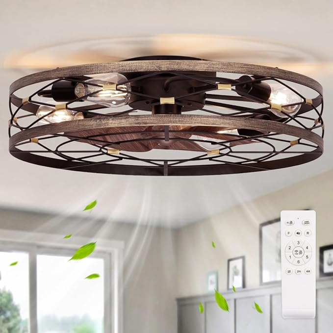 SHLUCE 21.7" Farmhouse Flush Mount Caged Ceiling Fans with Lights and Remote, Low Profile Fandelier Ceiling Fan with Light, Small Rustic Bladeless Ceiling Fan with Light for Kitchen, Bedroom, 6 Speeds