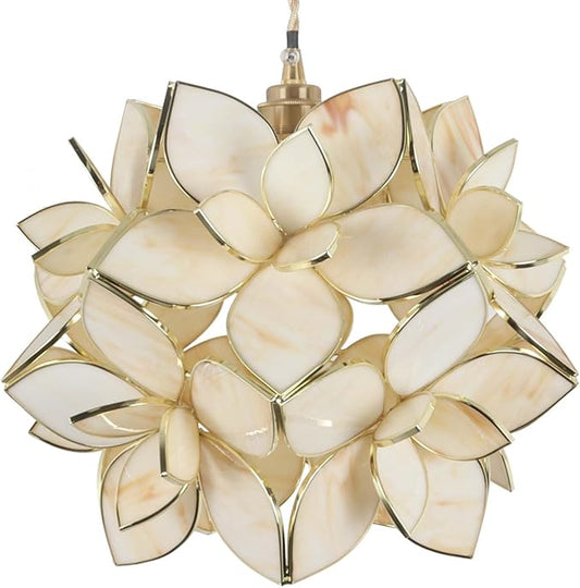 Bieye L11034 Petals Tiffany Style Stained Glass Ceiling Pendant Light for Home Decoration (Cream White, 12" Rose Lily)